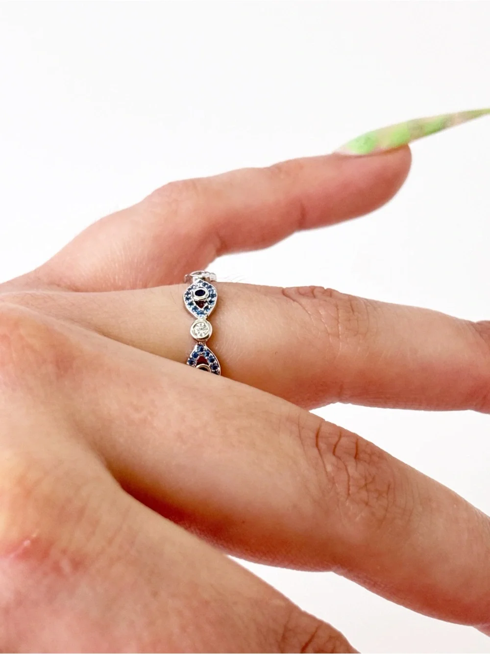 Sterling Silver Blue Evil Eye Band Ring with Cubic Zirconia